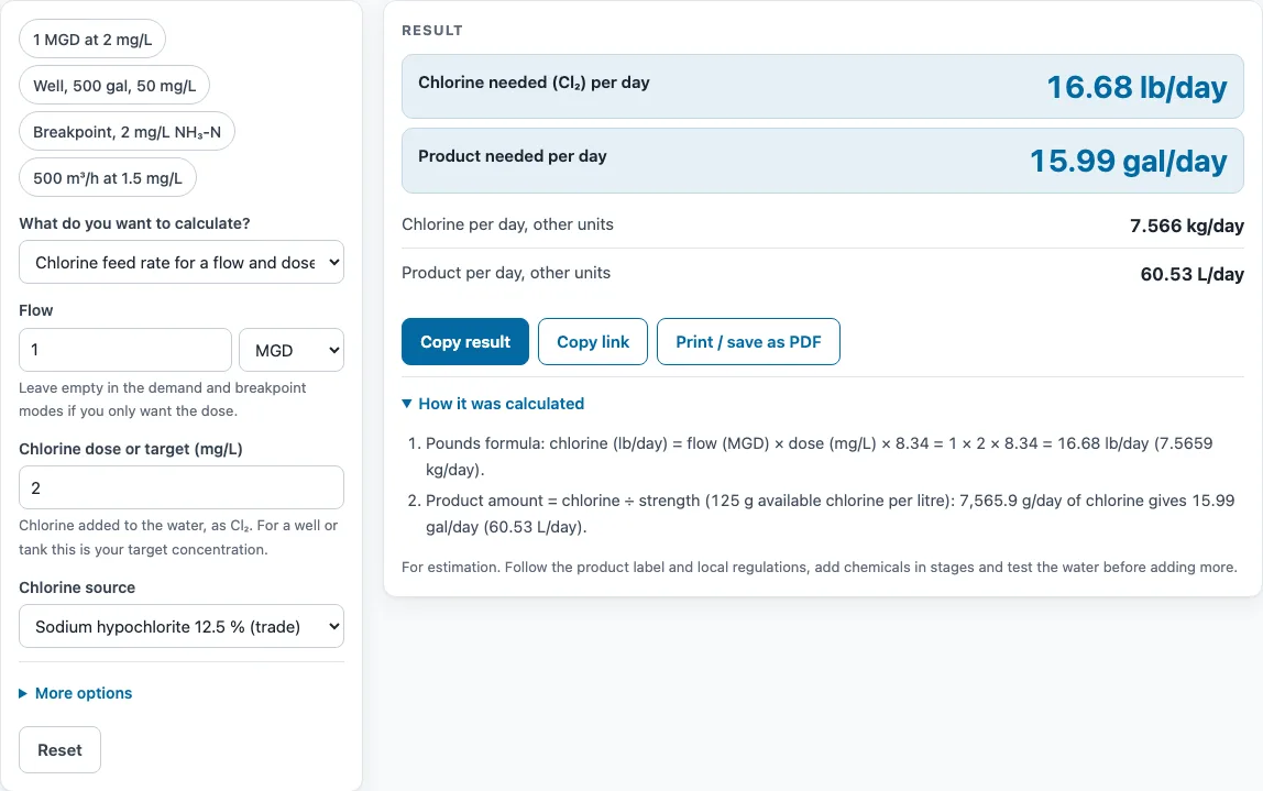 Chlorine dosage calculator example