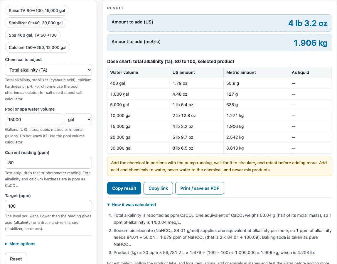 Pool chemical calculator example