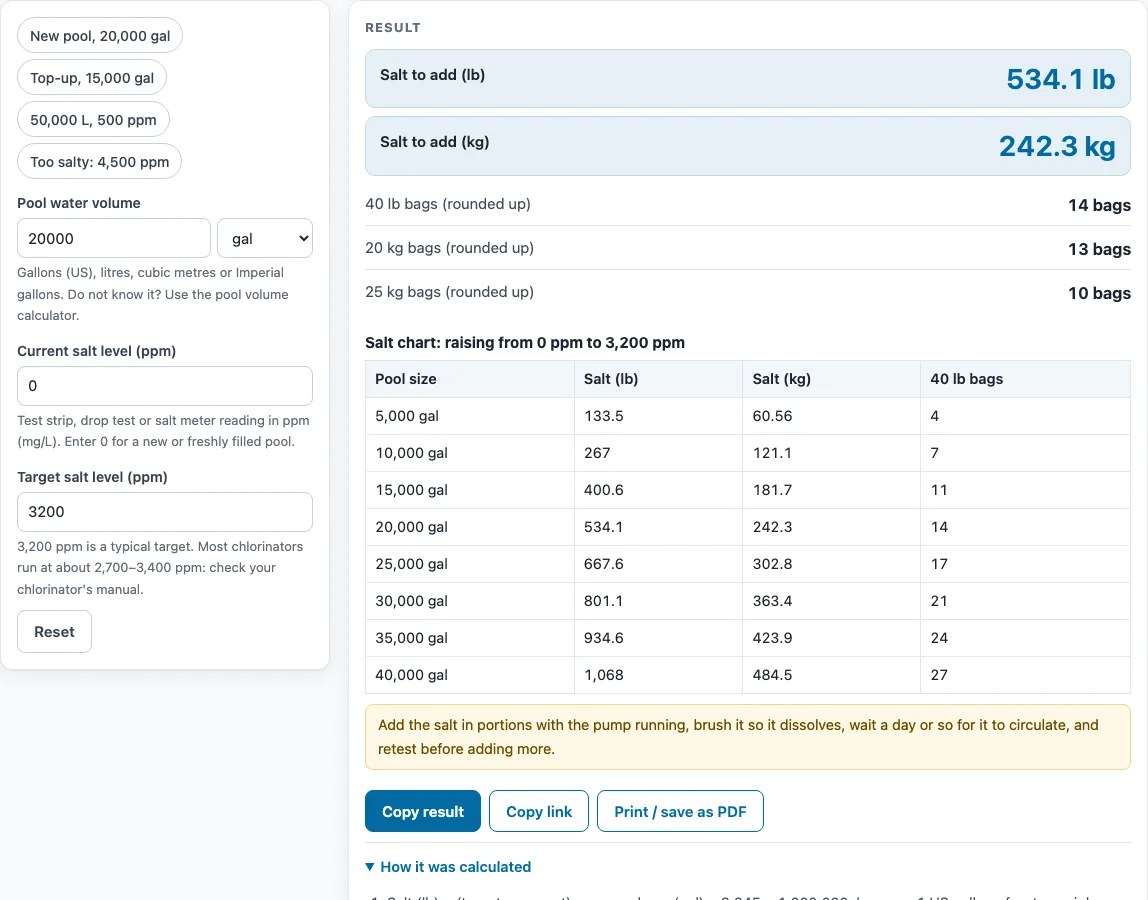 Pool salt calculator example
